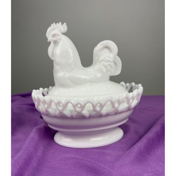 Vintage Imperial Milk Glass Rooster on Nest Dish Open Lattice Edge Bowl Farm - Picture 3 of 13